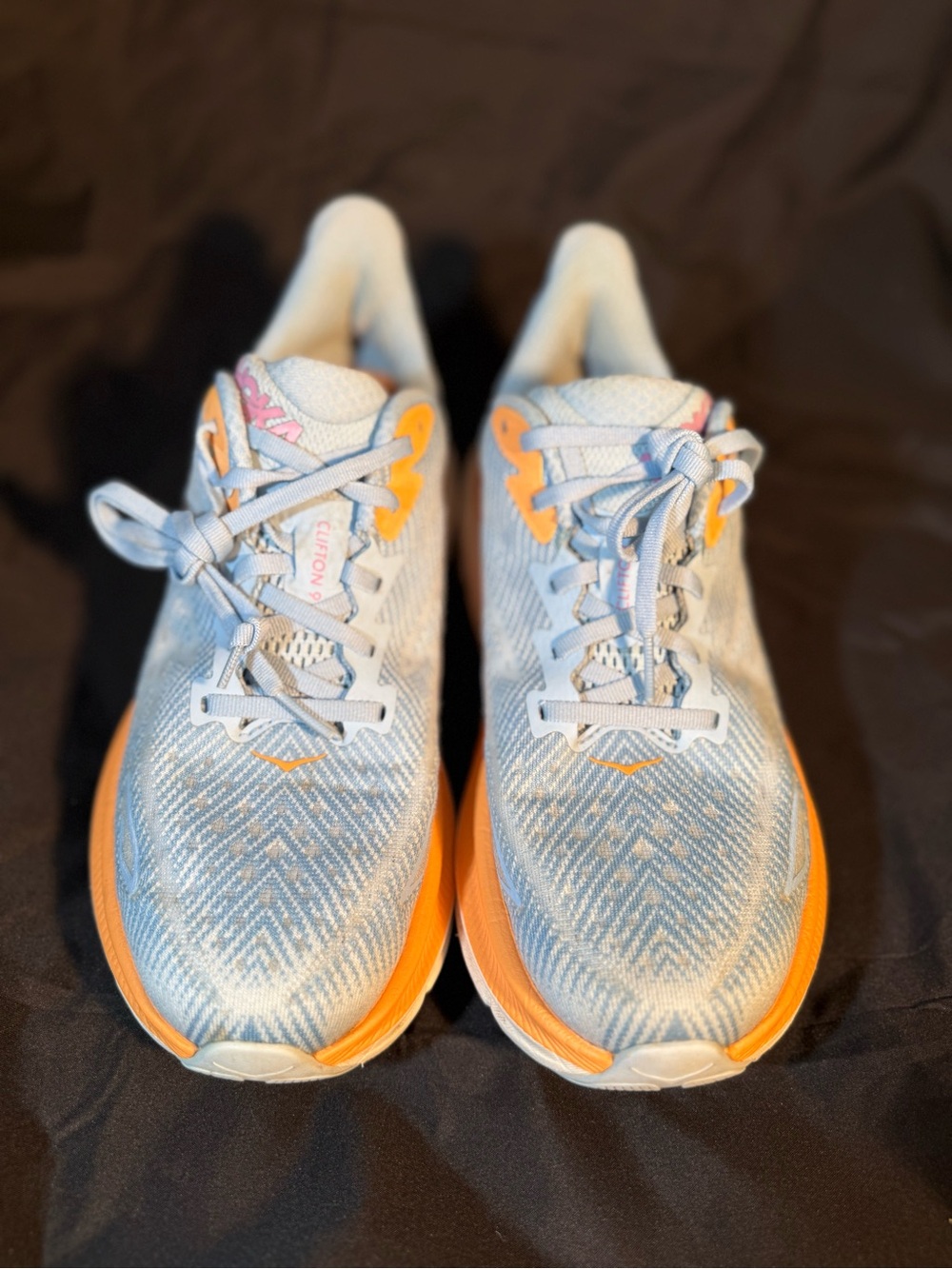 Hoka Women’s Clifton 9 Light AiryBlue with Orange Accents Athletic Running Shoes